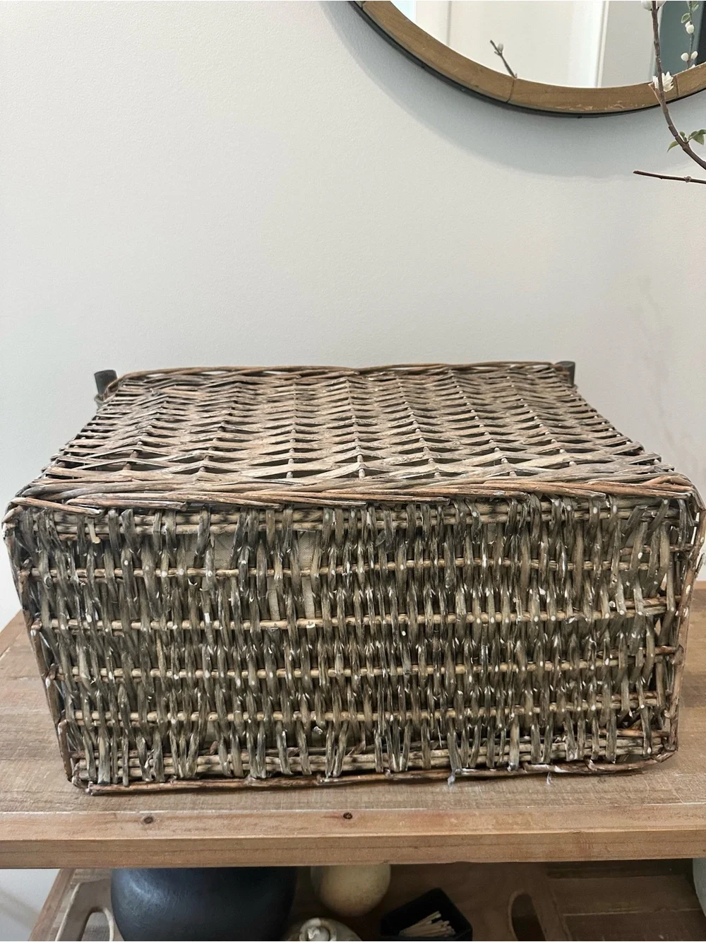 Woven Natural Rattan Storage Basket Fabric Liner Gray-Brown Handles  French Styl